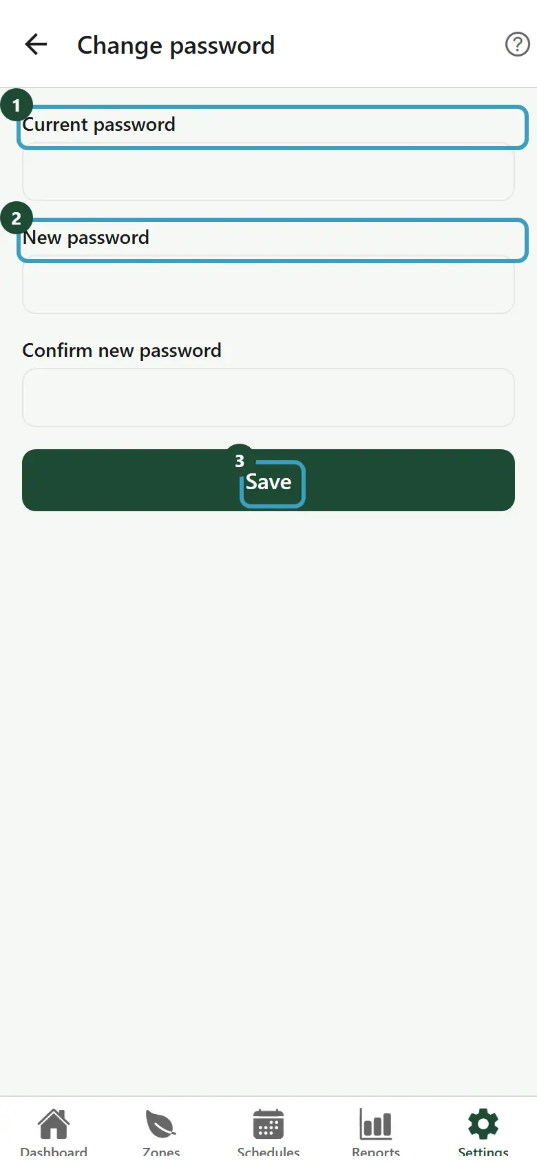 Change password screen with the three fields
