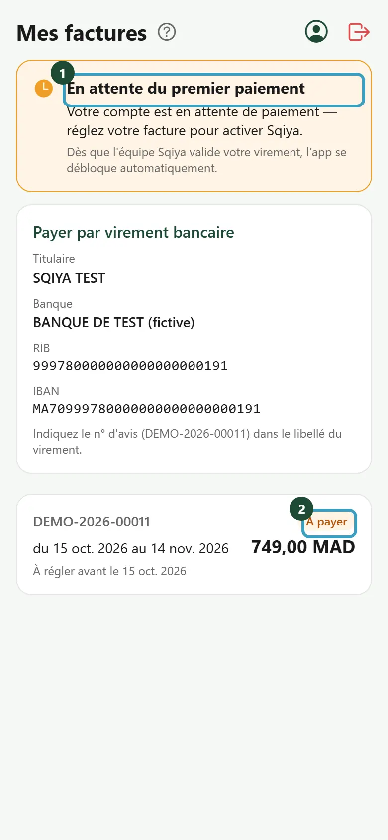 Écran Mes factures d'un compte en attente du premier paiement, avec le bandeau d'explication