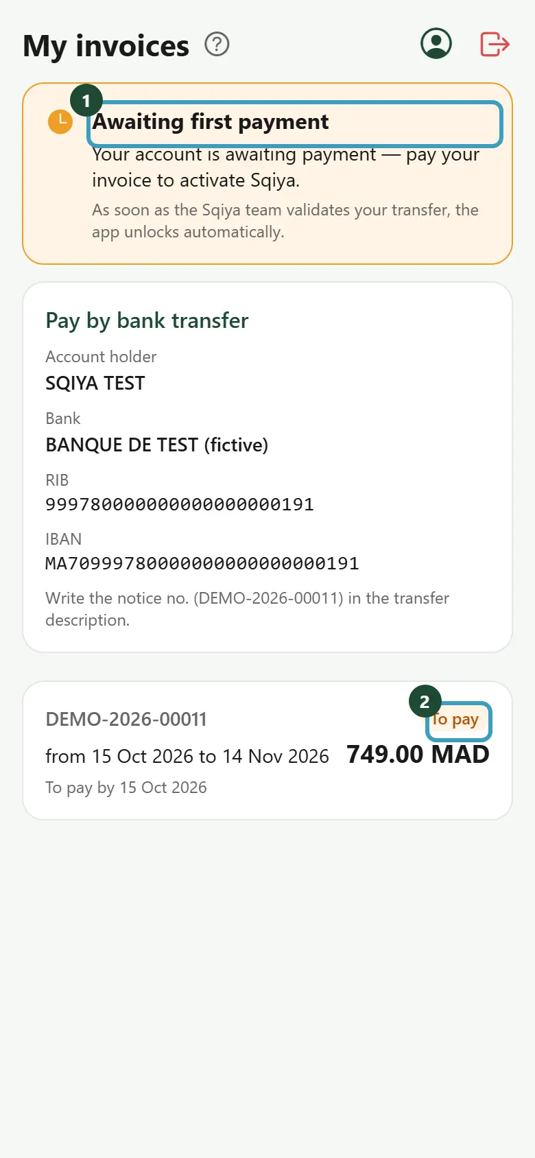 My invoices screen of an account awaiting its first payment, with the explanation banner