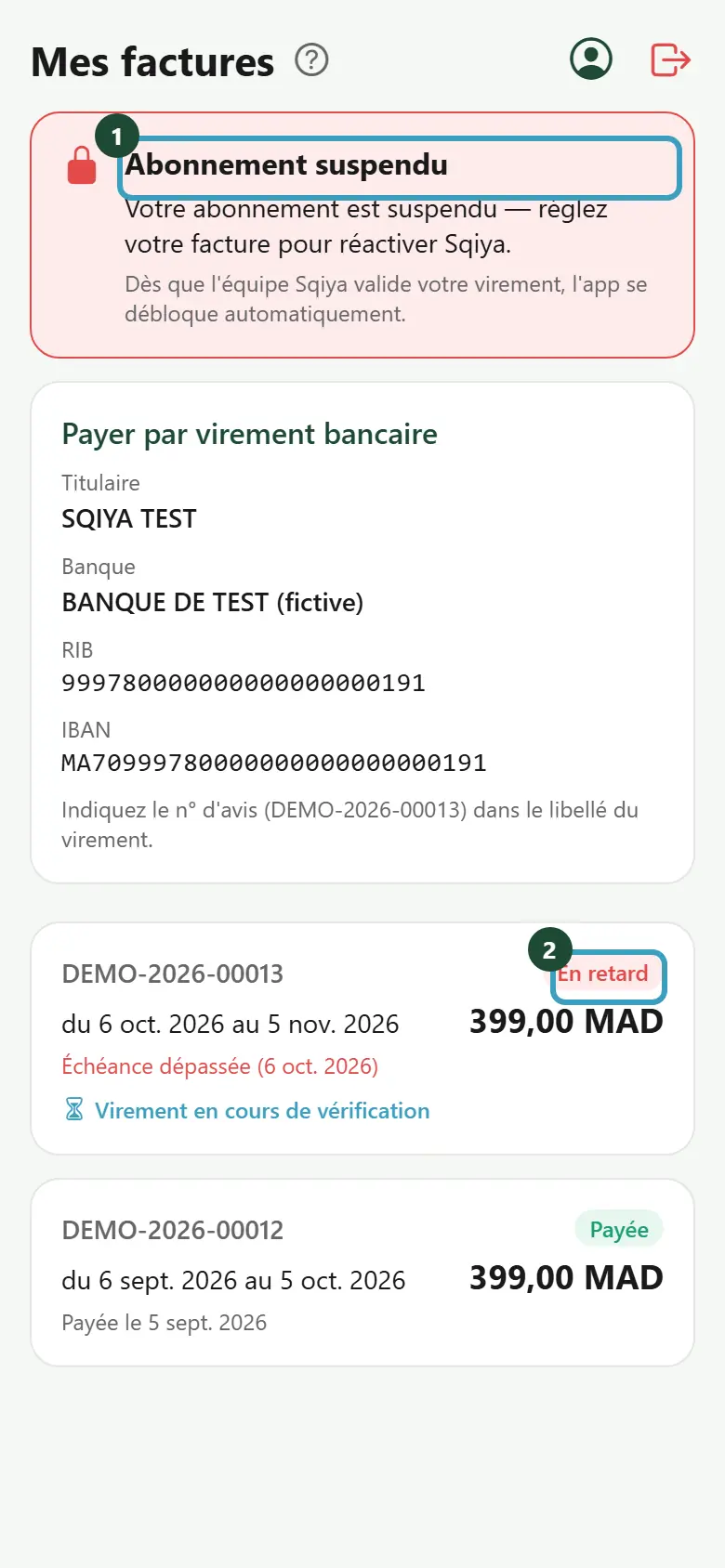 Écran Mes factures d'un compte suspendu avec le bandeau Abonnement suspendu