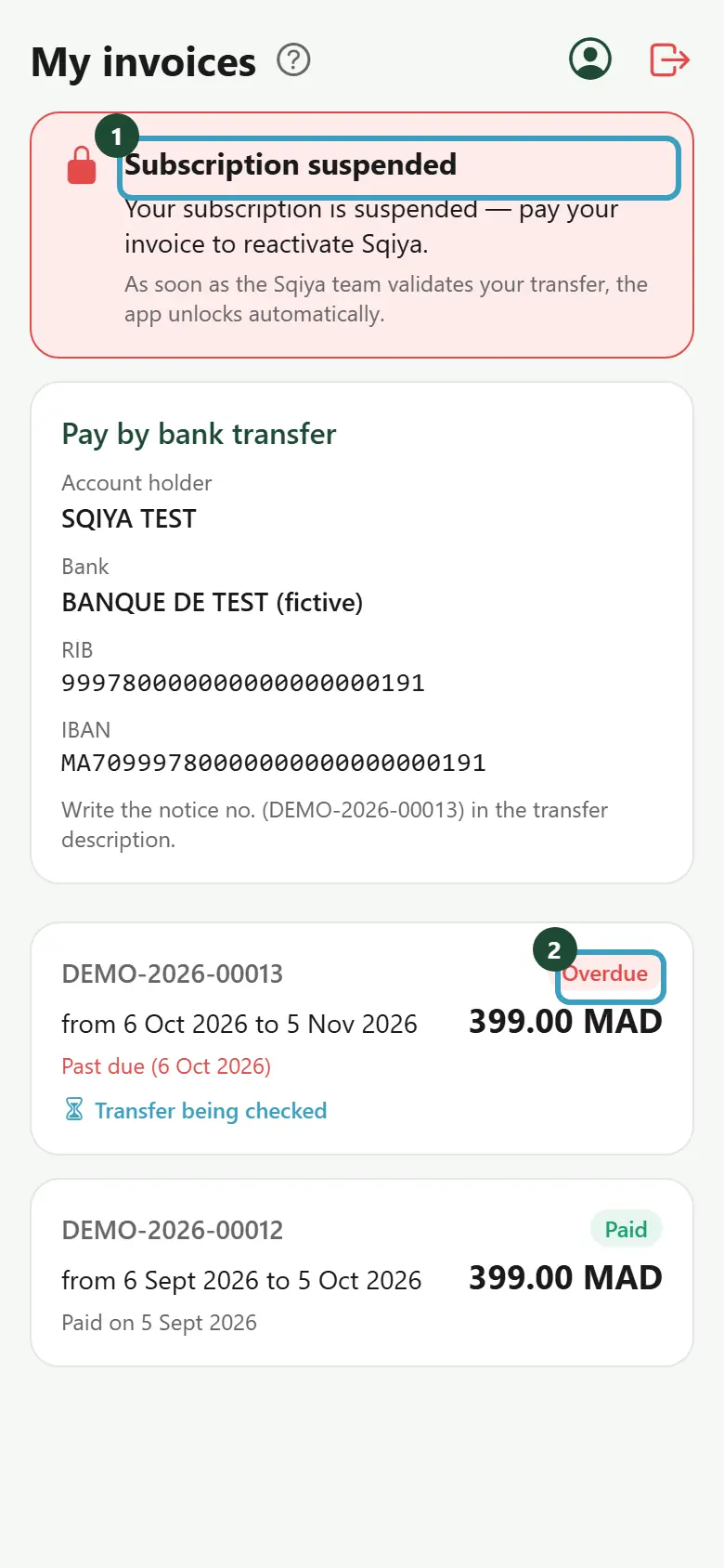 My invoices screen of a suspended account with the Subscription suspended banner