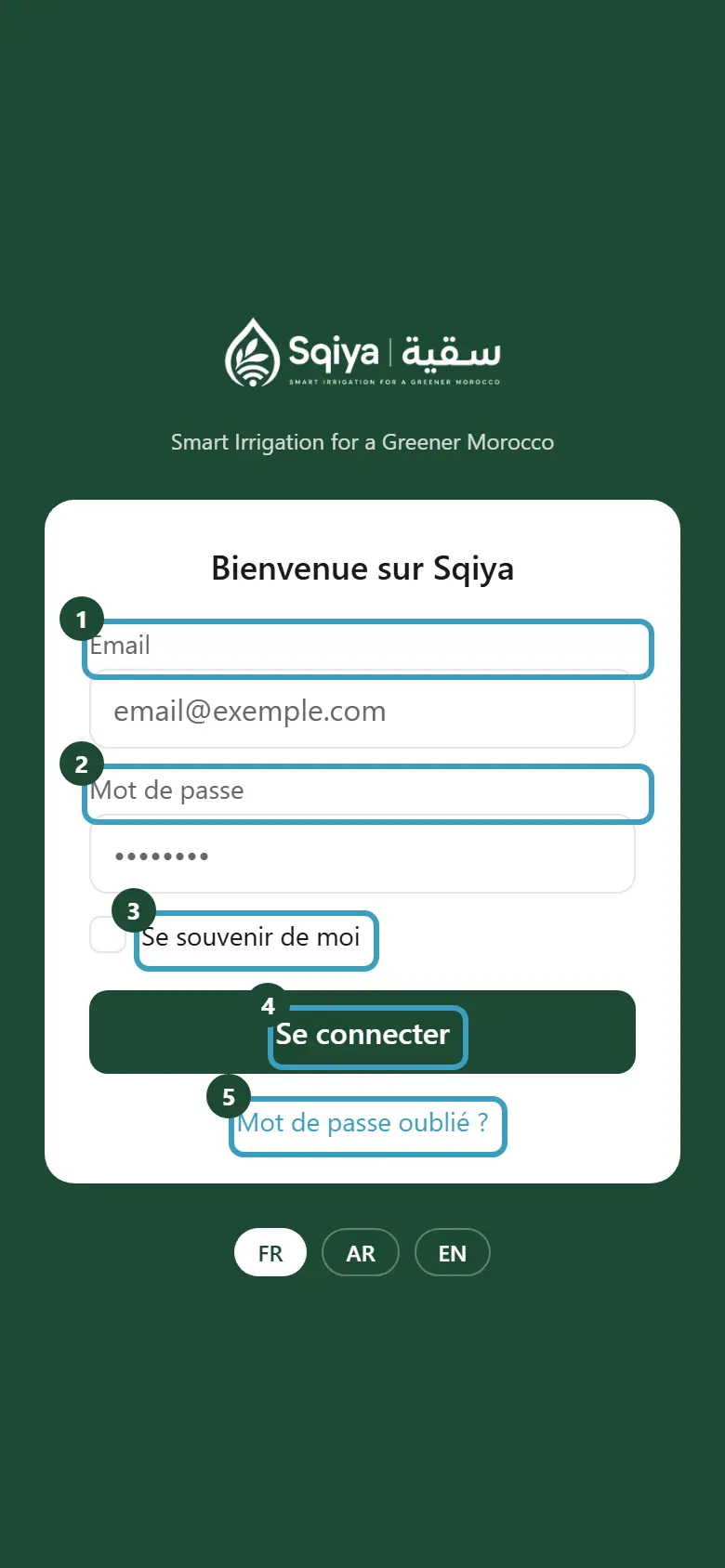 Écran de connexion avec les champs Email et Mot de passe