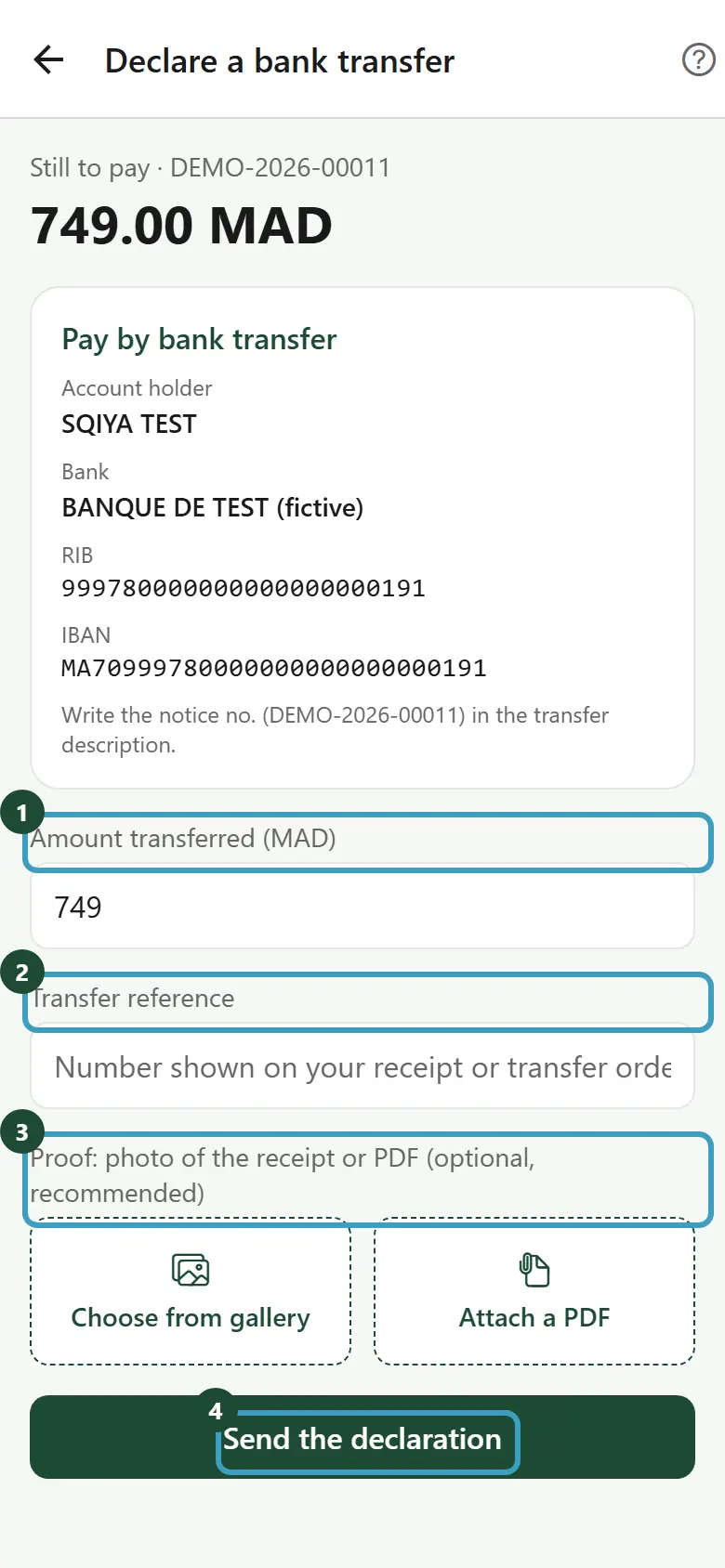 Declare a bank transfer screen with the amount, the reference and the photo of the receipt