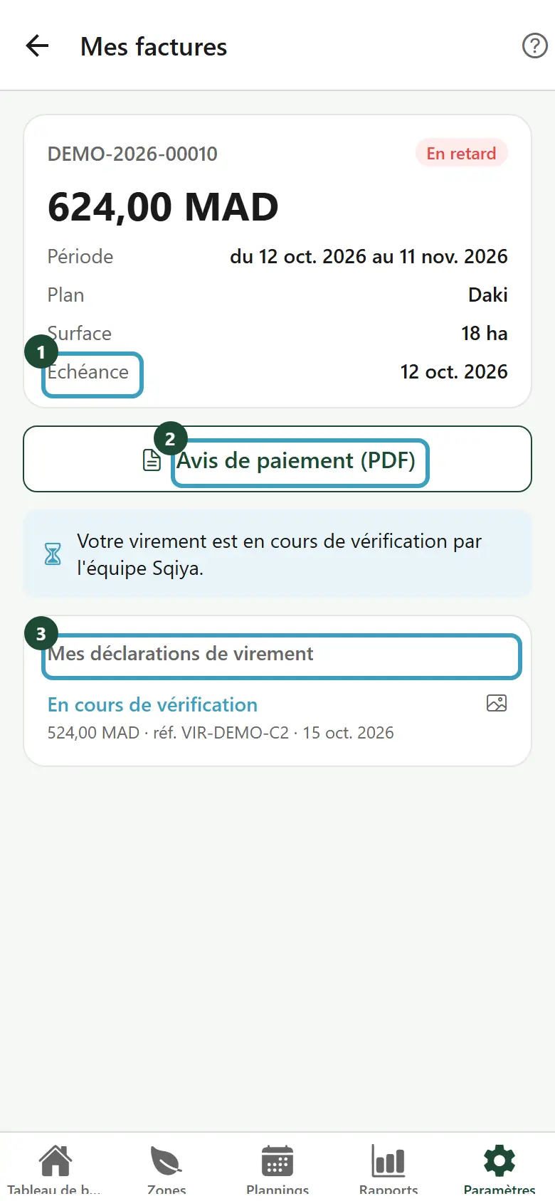 Détail d'une facture en retard avec le bouton Avis de paiement (PDF)