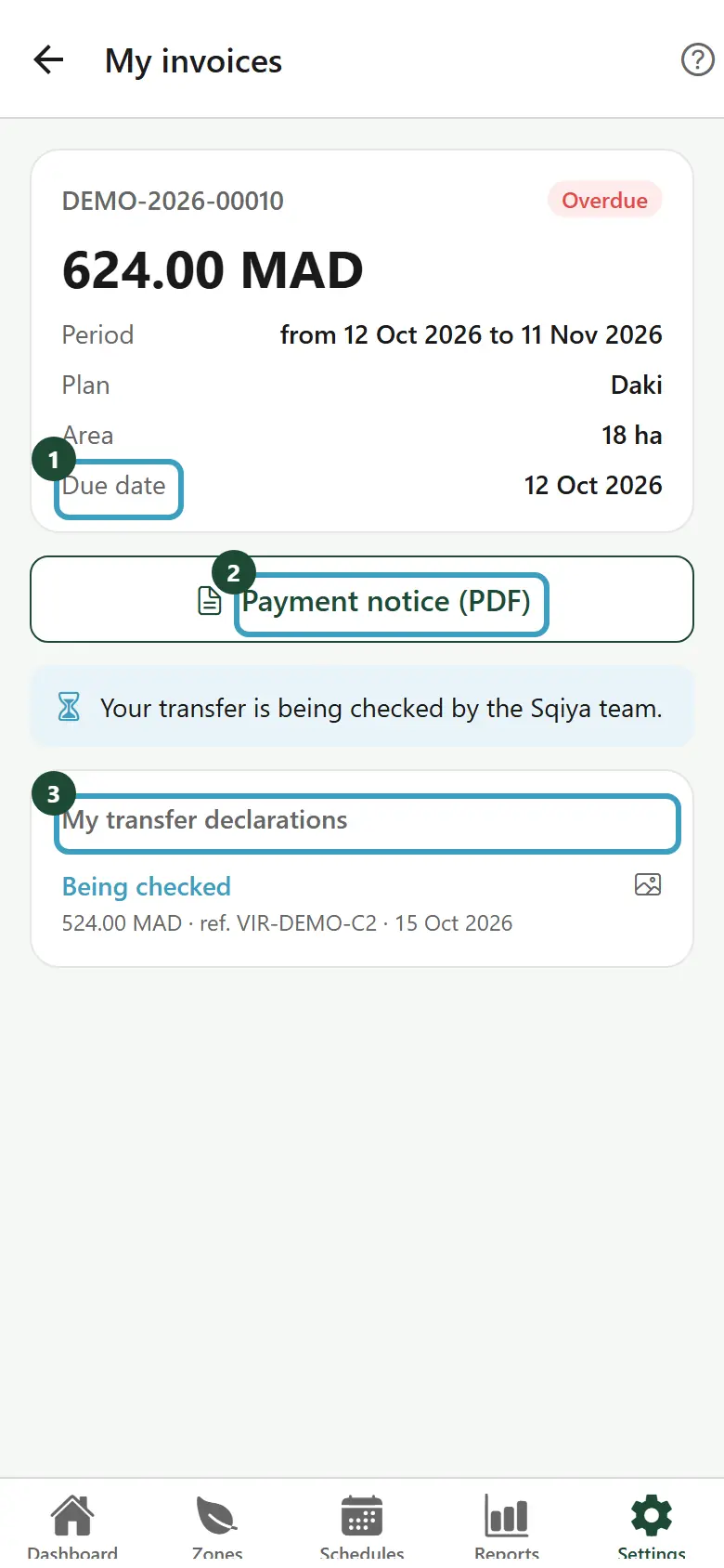 Details of an overdue invoice with the Payment notice (PDF) button