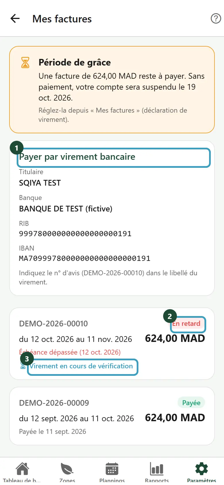 Écran Mes factures avec le RIB de Sqiya et la liste des factures