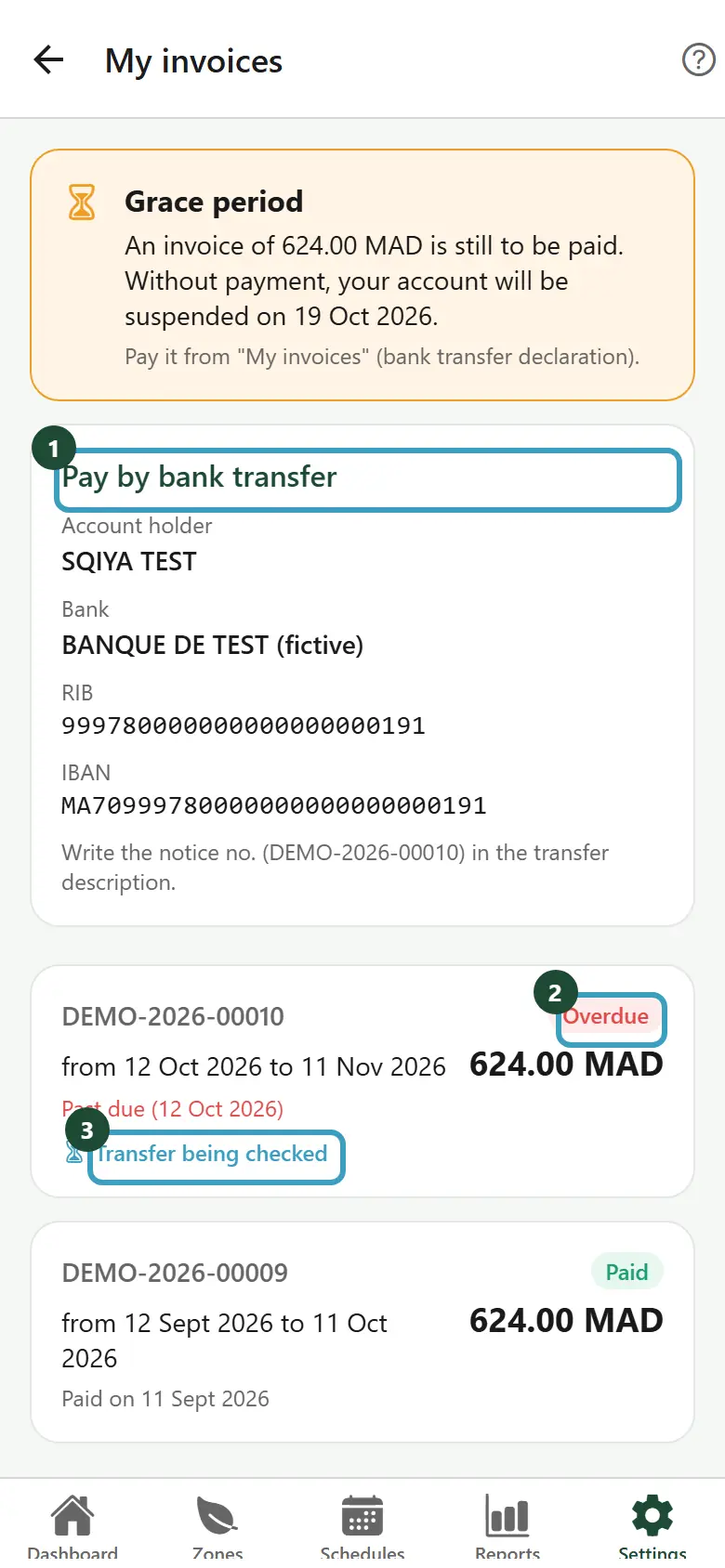 My invoices screen with Sqiya's bank details and the list of invoices