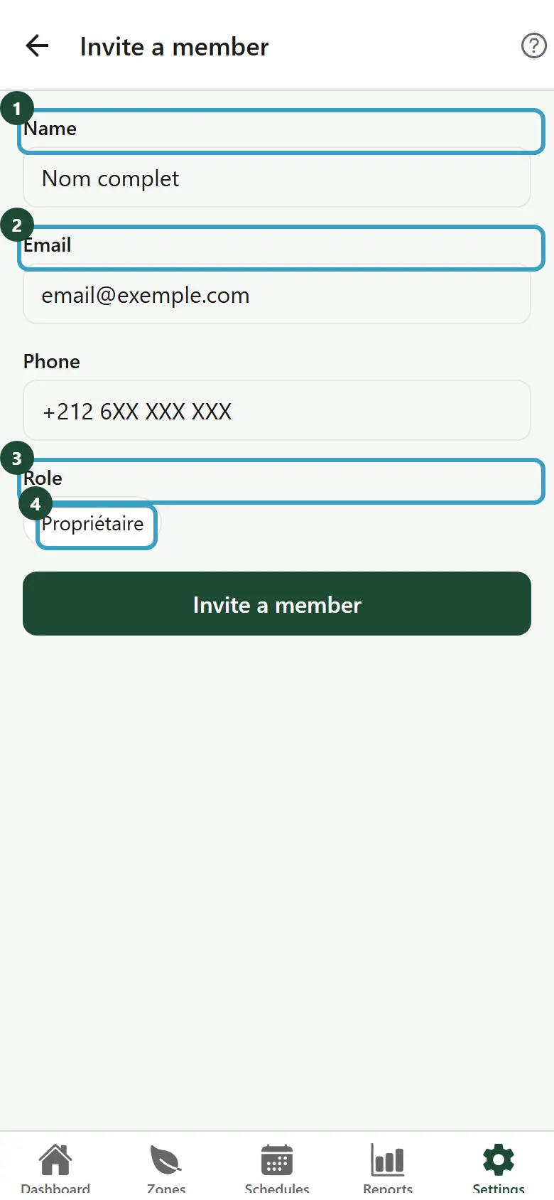 Invite a member screen with the name, the email, the phone and the role choice