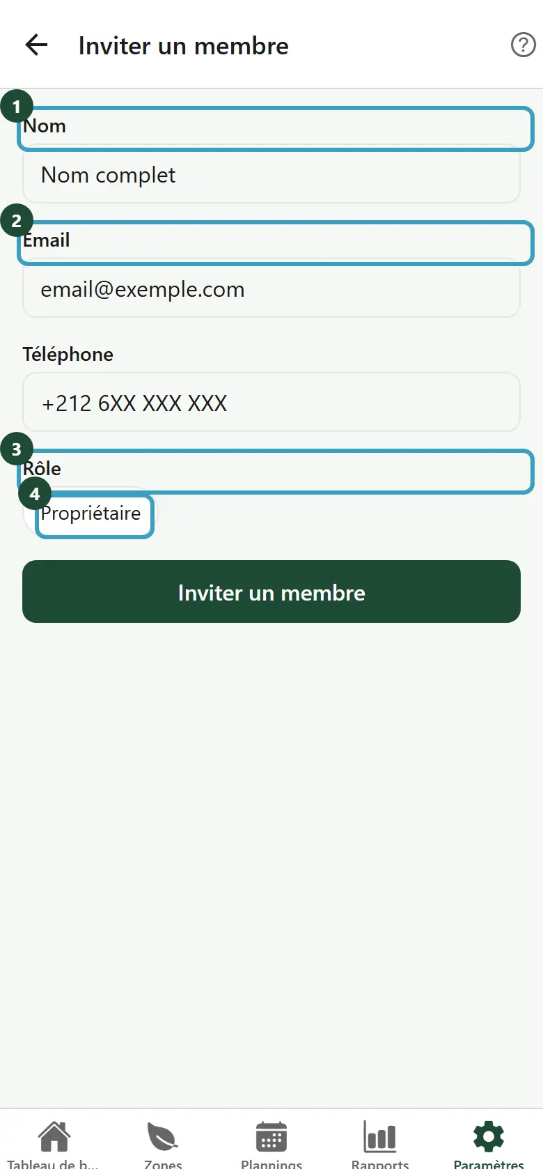 Écran Inviter un membre avec le nom, l'email, le téléphone et le choix du rôle