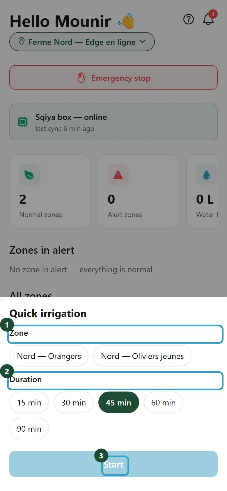 Quick irrigation window with the choice of zone and duration
