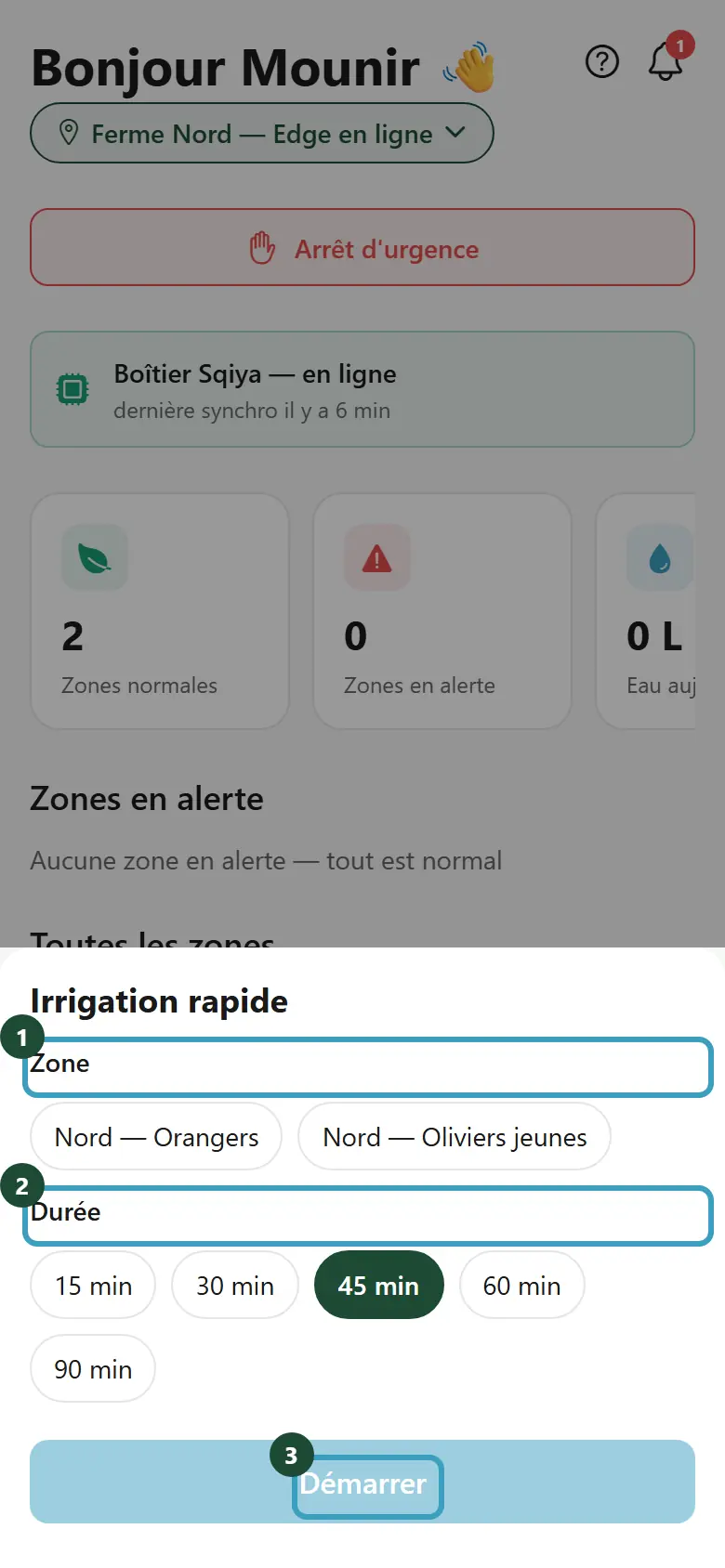 Fenêtre Irrigation rapide avec le choix de la zone et de la durée