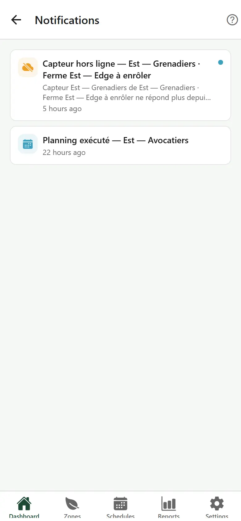 Notifications screen with the list of messages, unread ones marked with a dot