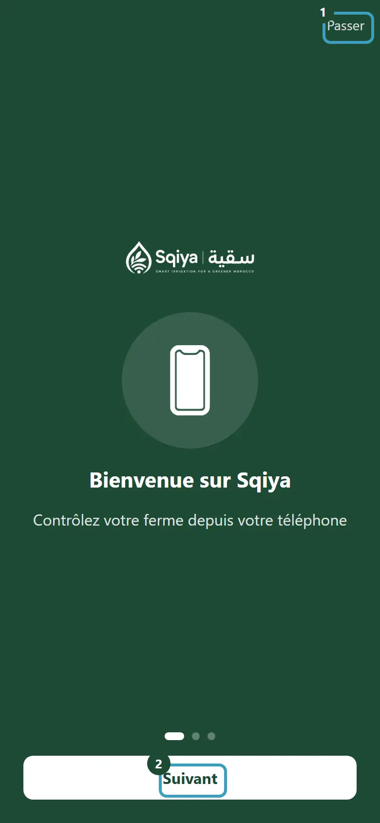 Premier écran de bienvenue de l'application Sqiya avec les boutons Passer et Suivant