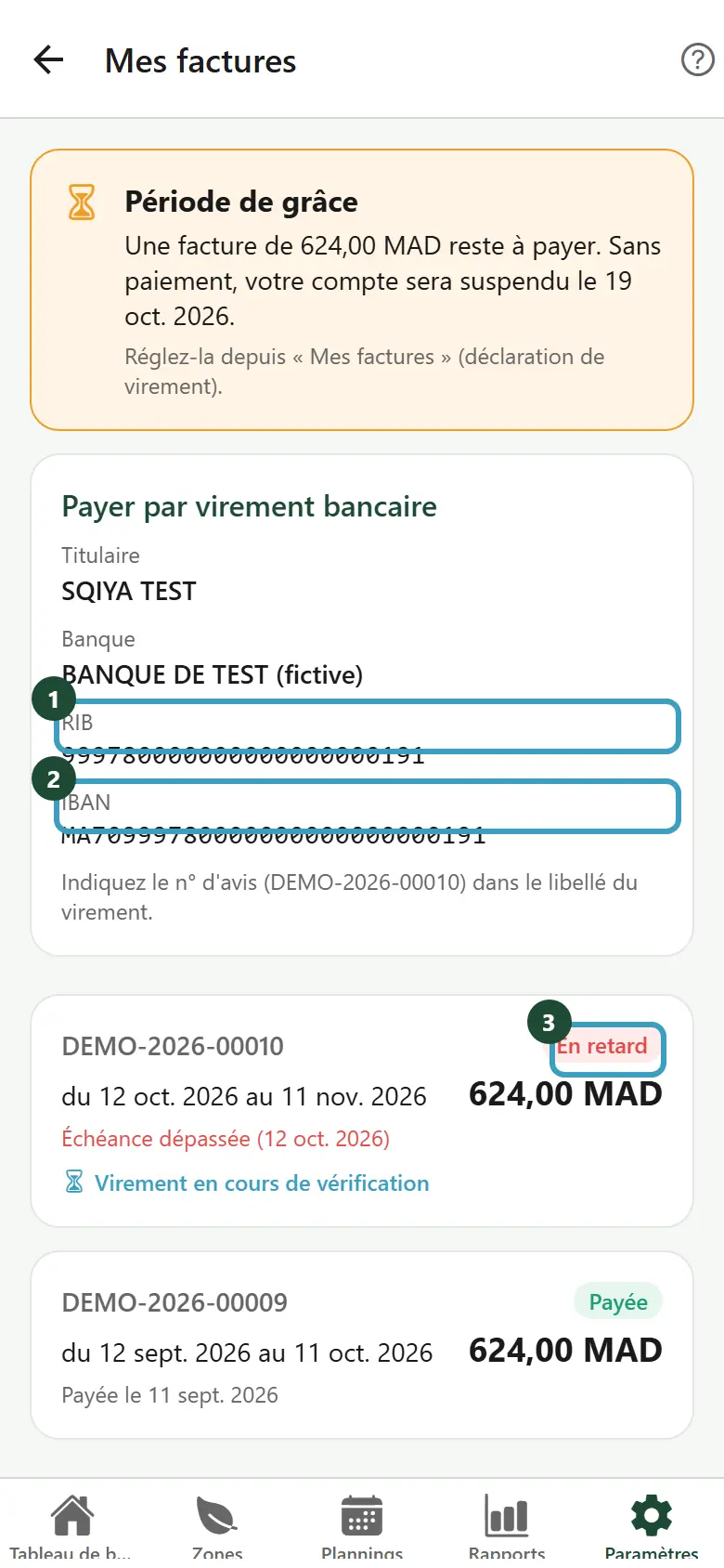 Mes factures avec une facture En retard et la carte Payer par virement bancaire
