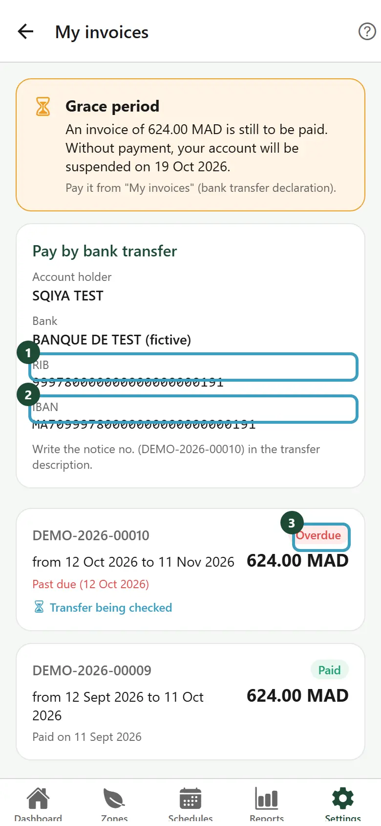 My invoices with an Overdue invoice and the Pay by bank transfer card