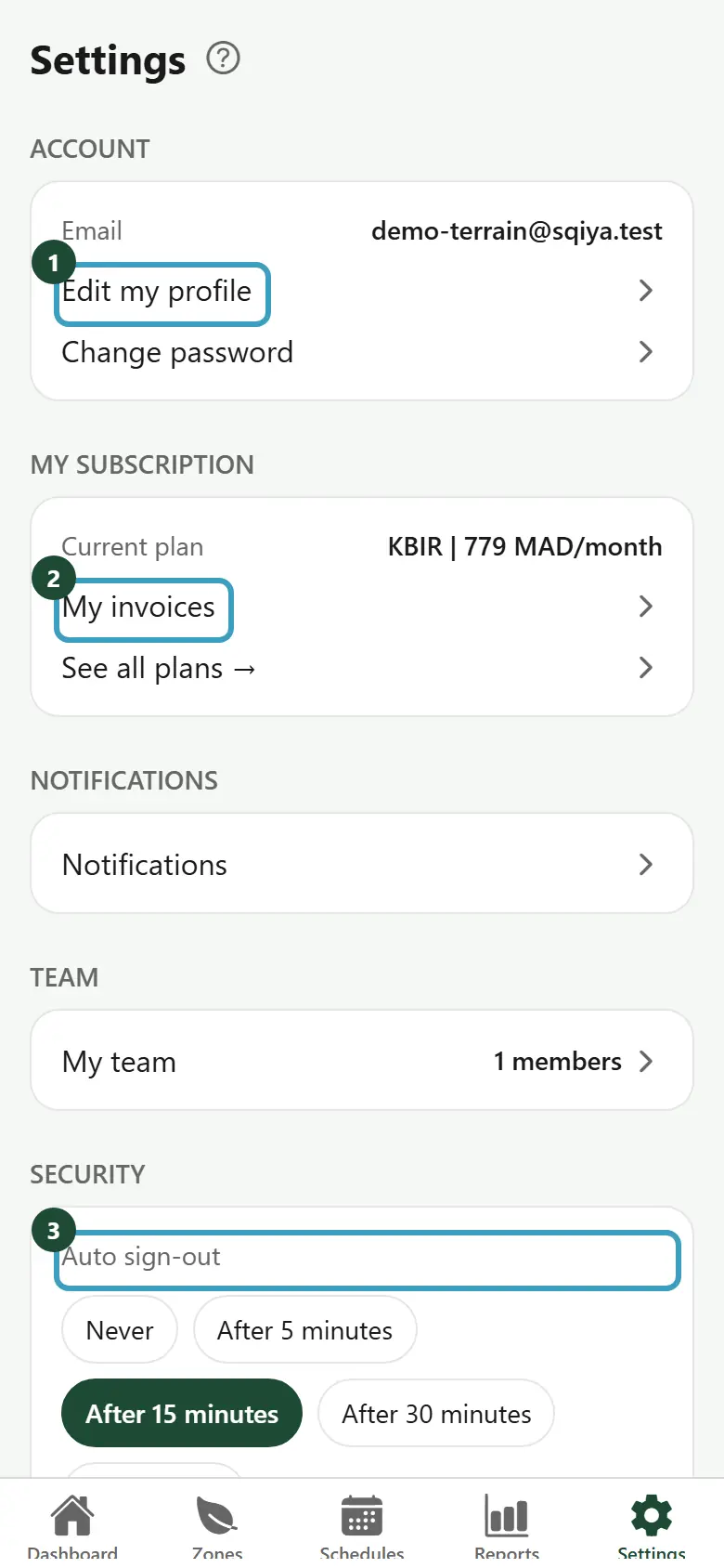 Settings screen with the Account, My subscription, Notifications and Security sections
