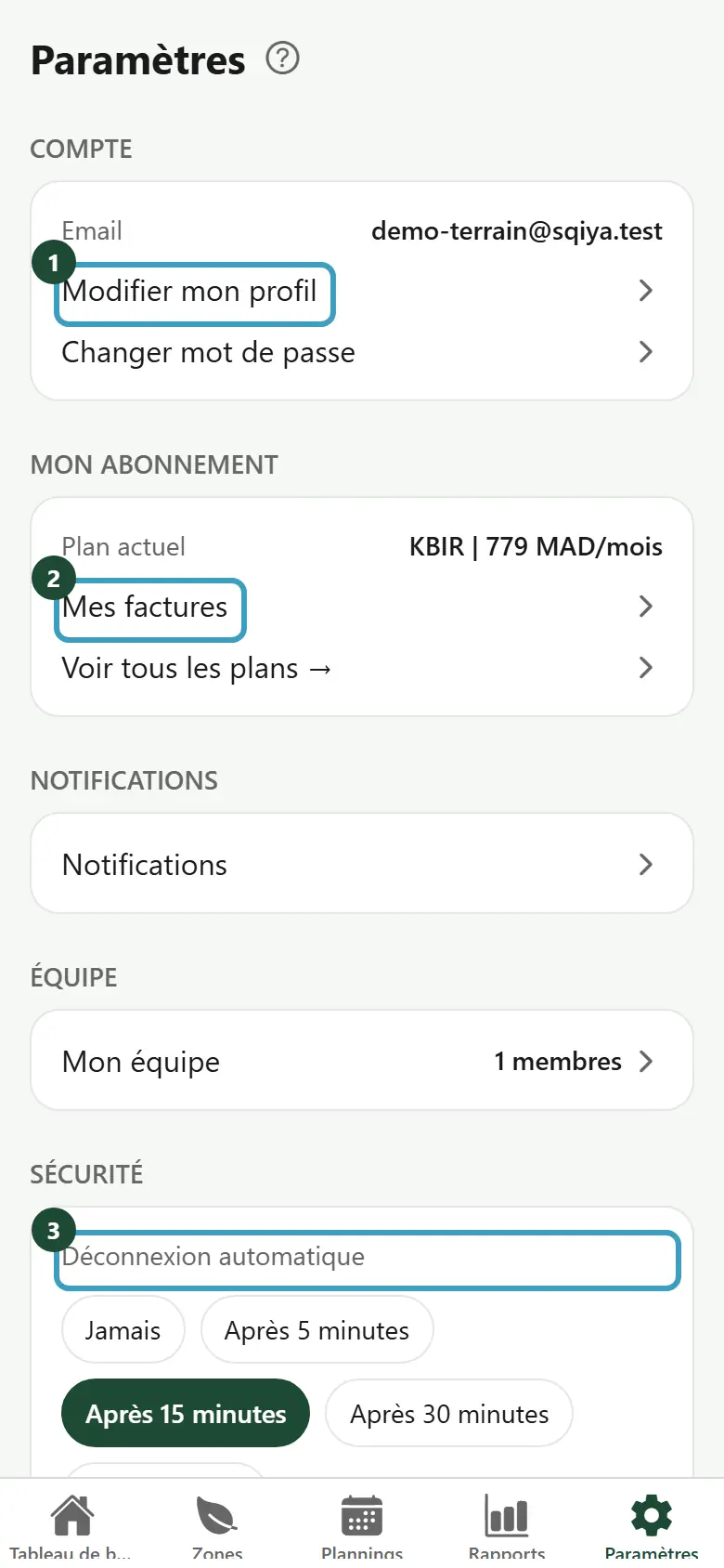 Écran Paramètres avec les sections Compte, Mon abonnement, Notifications et Sécurité