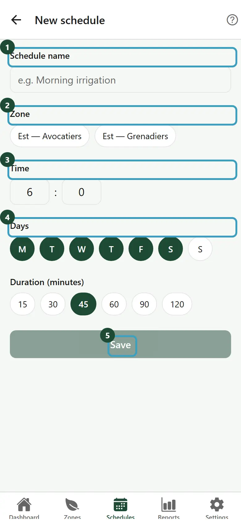 New schedule screen with the name, the zone, the time, the days and the duration