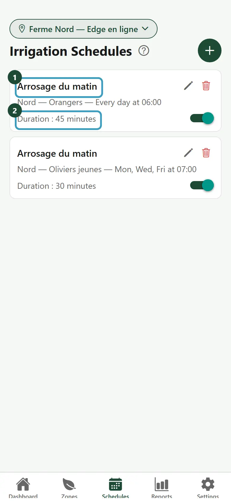 Irrigation Schedules screen with the list of schedules and the + button
