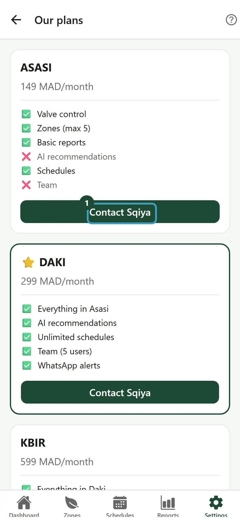 Our plans screen with the Asasi, Daki and Kbir cards