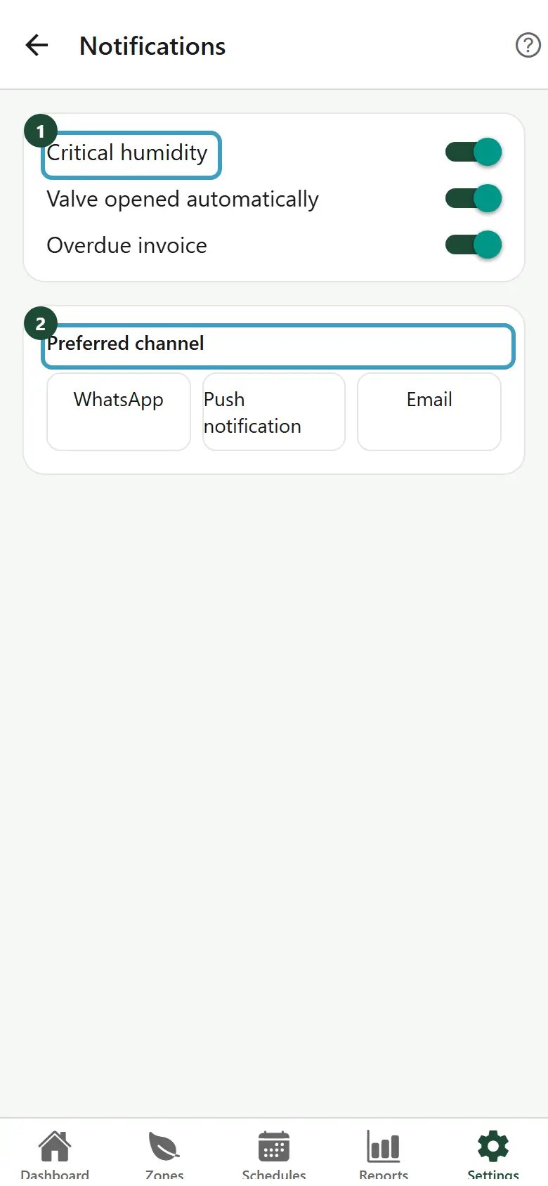 Notification preferences screen with three switches and the preferred channel