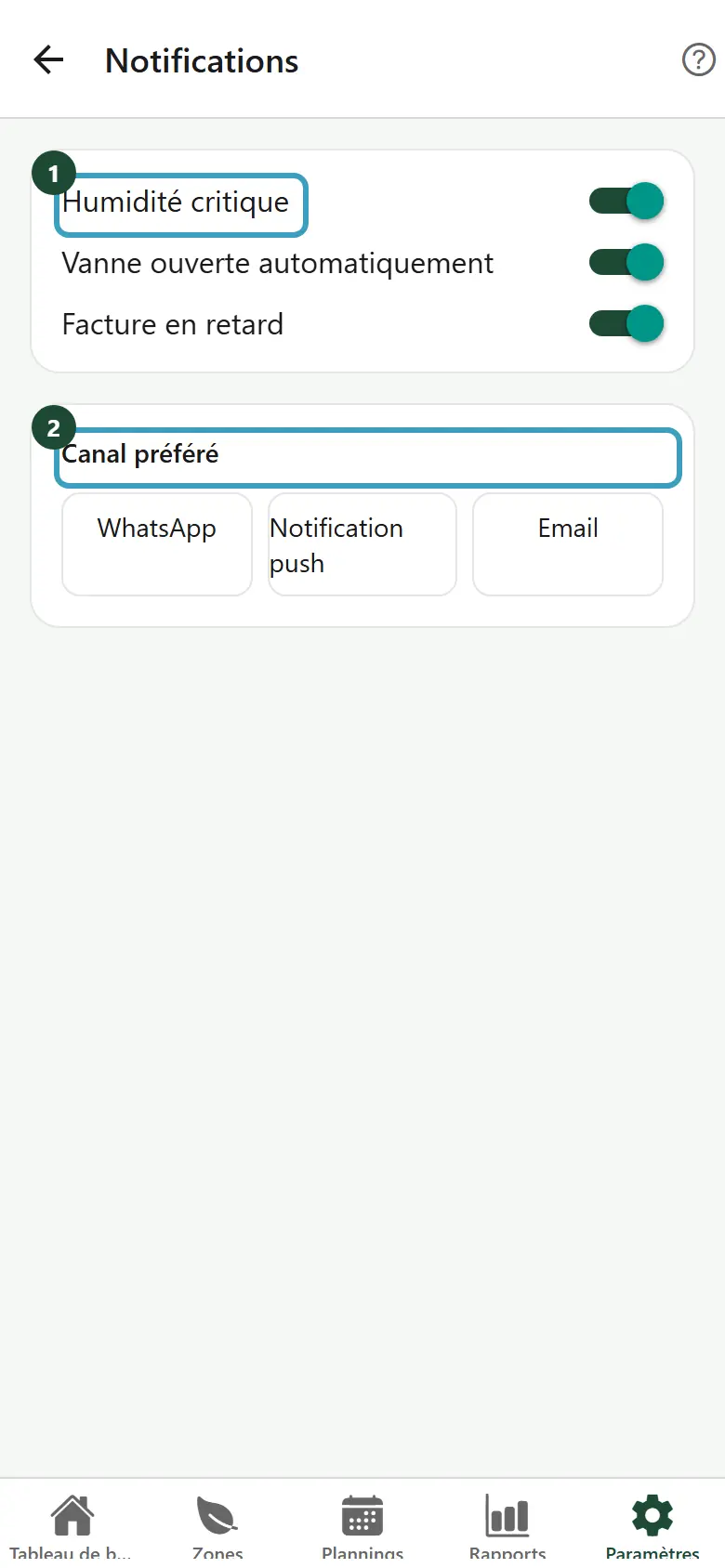Écran des préférences de notification avec trois interrupteurs et le canal préféré