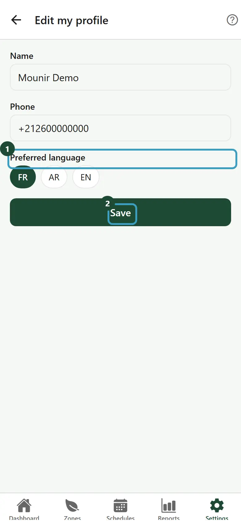Edit my profile screen with the name, the phone and the preferred language