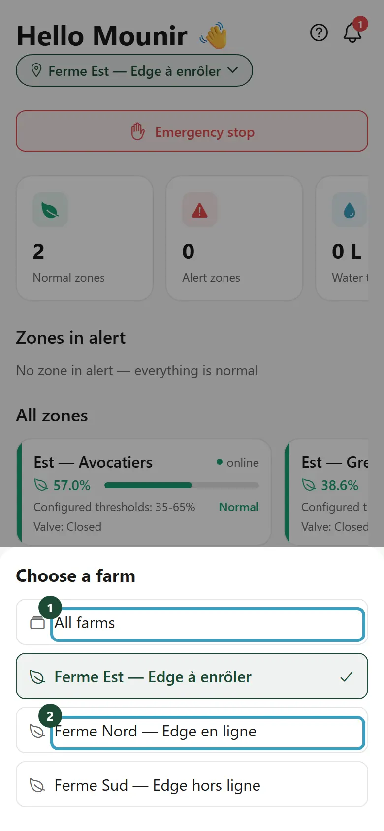 Choose a farm window with All farms and the list of farms