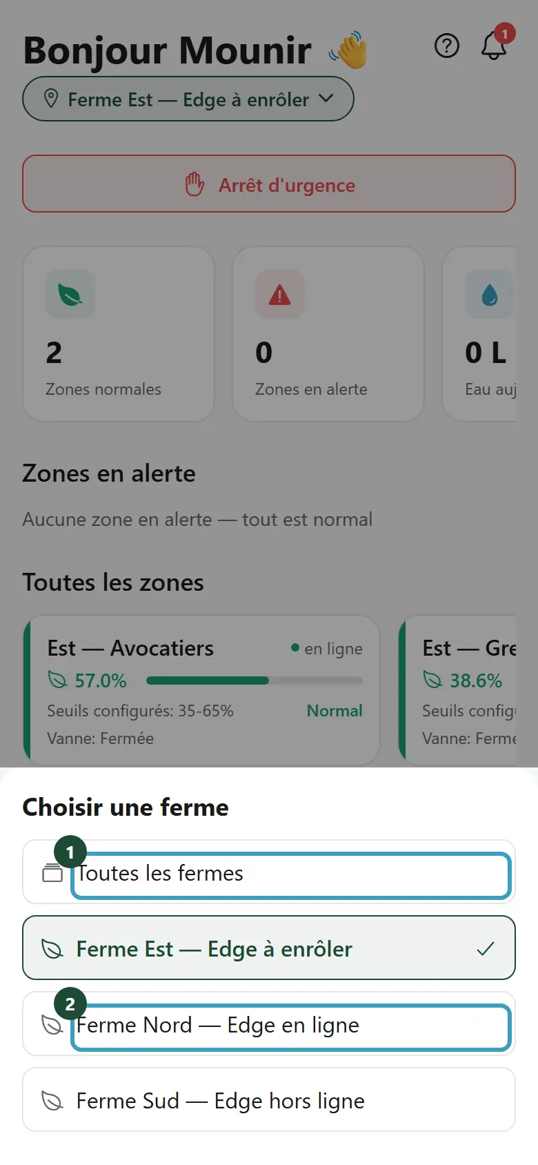 Fenêtre Choisir une ferme avec Toutes les fermes et la liste des fermes