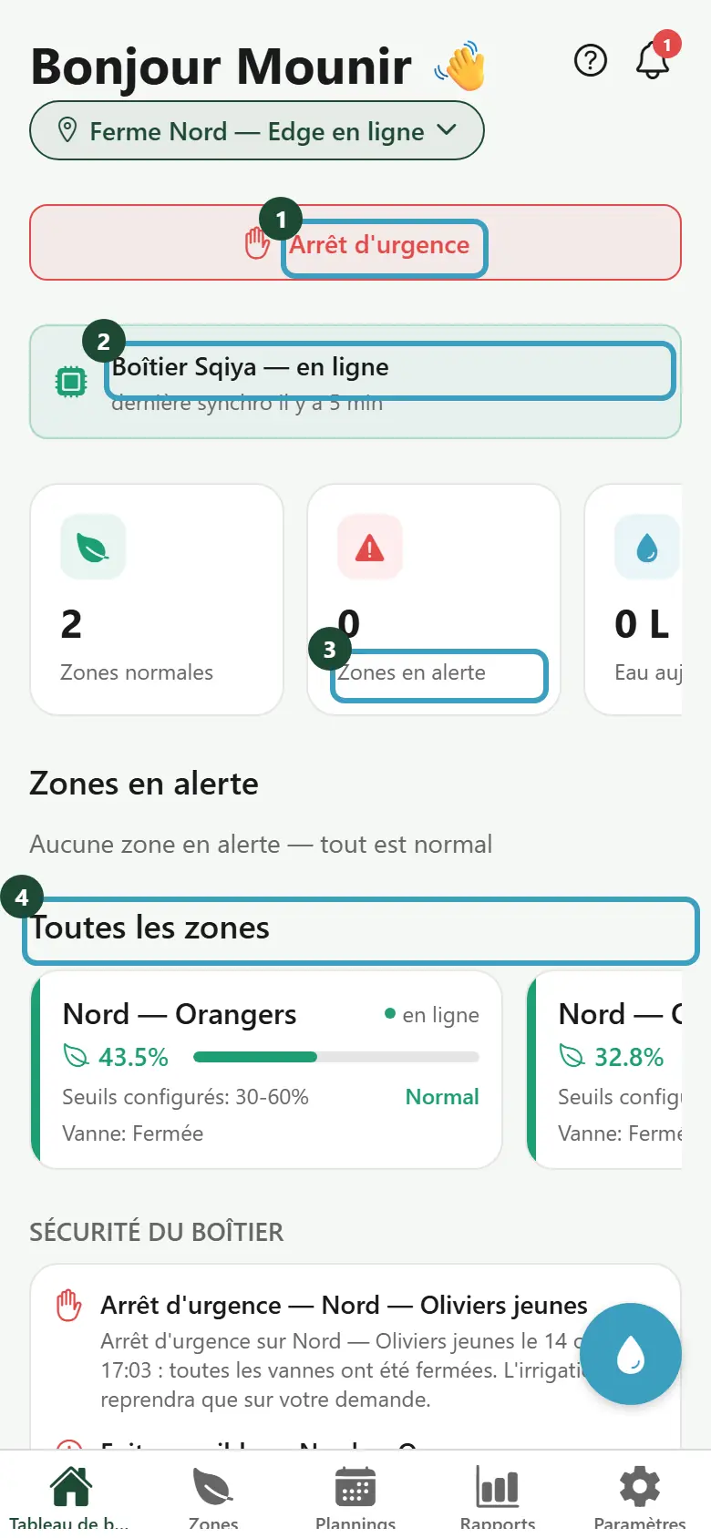 Tableau de bord avec les compteurs, le bouton Arrêt d'urgence et les zones en alerte