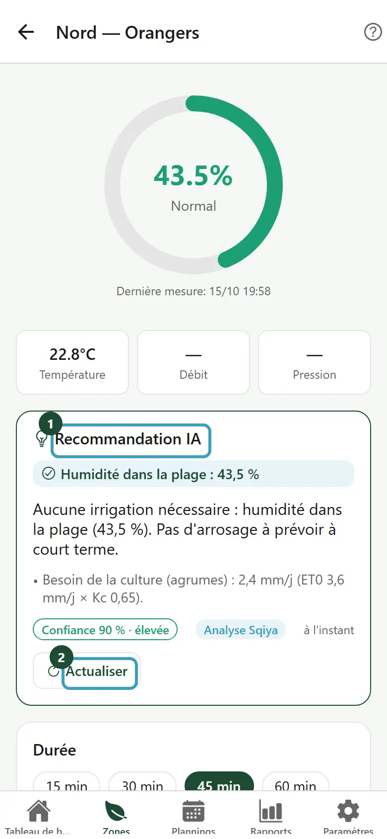 Carte Recommandation IA avec la raison, les conseils, la confiance et les boutons