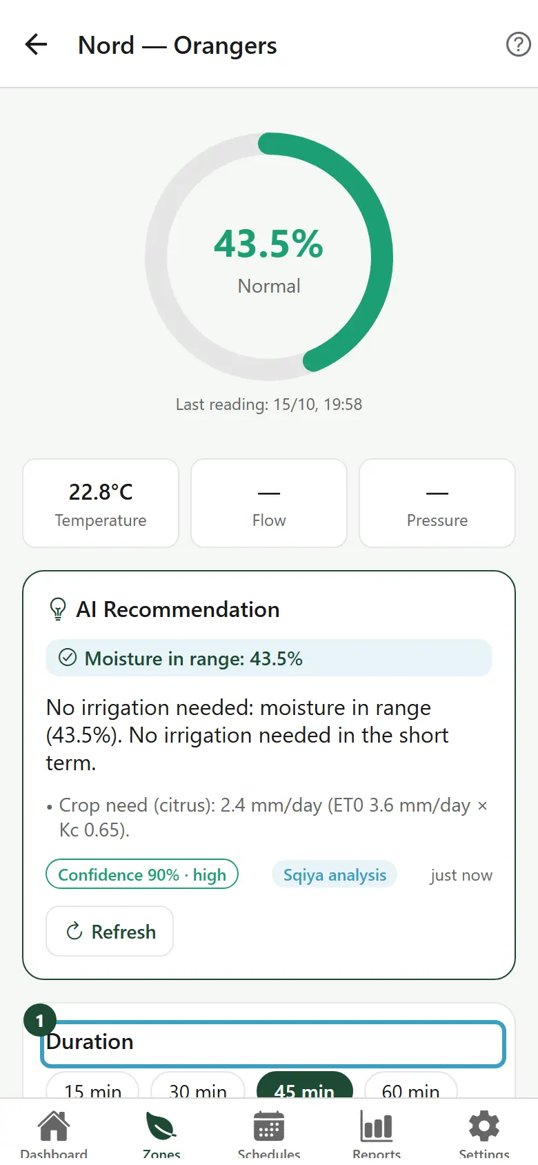 Duration choice and Open irrigation button