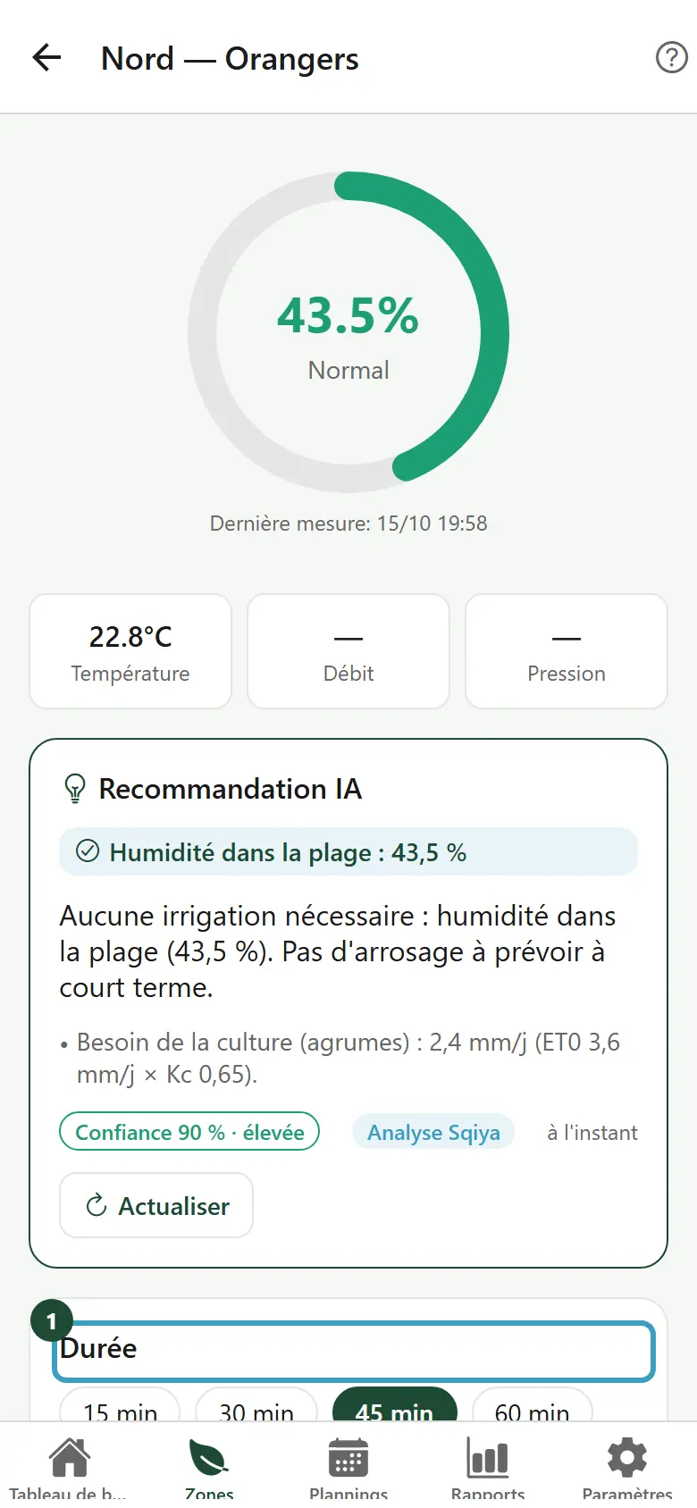 Choix de la durée et bouton Ouvrir l'irrigation