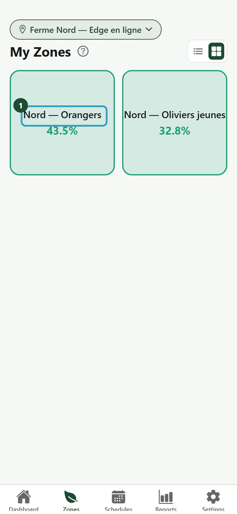 My Zones screen in grid view, boxes colored by moisture
