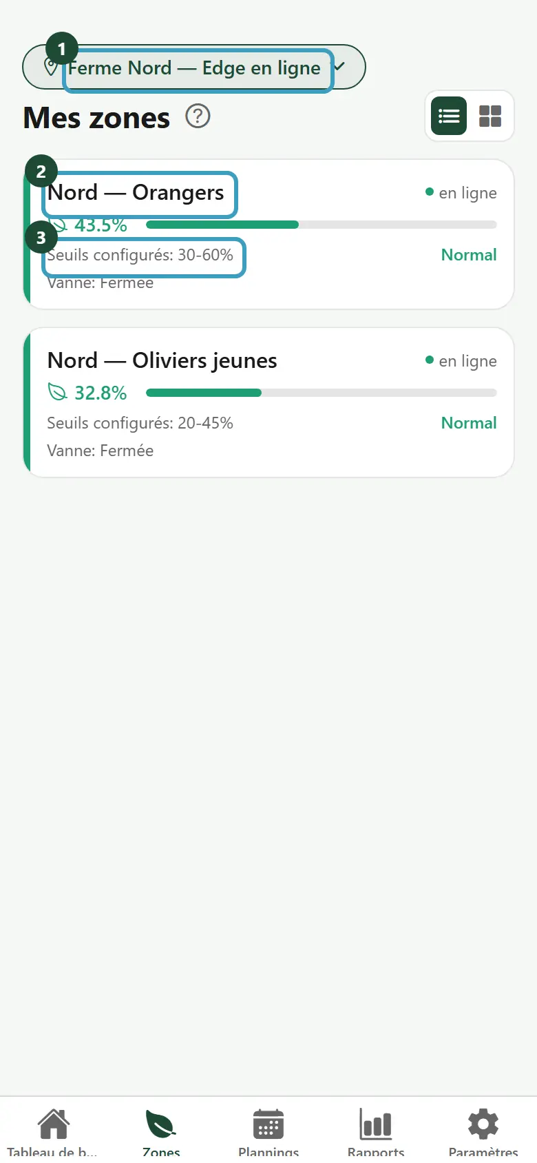 Écran Mes zones en vue liste, avec une carte par zone