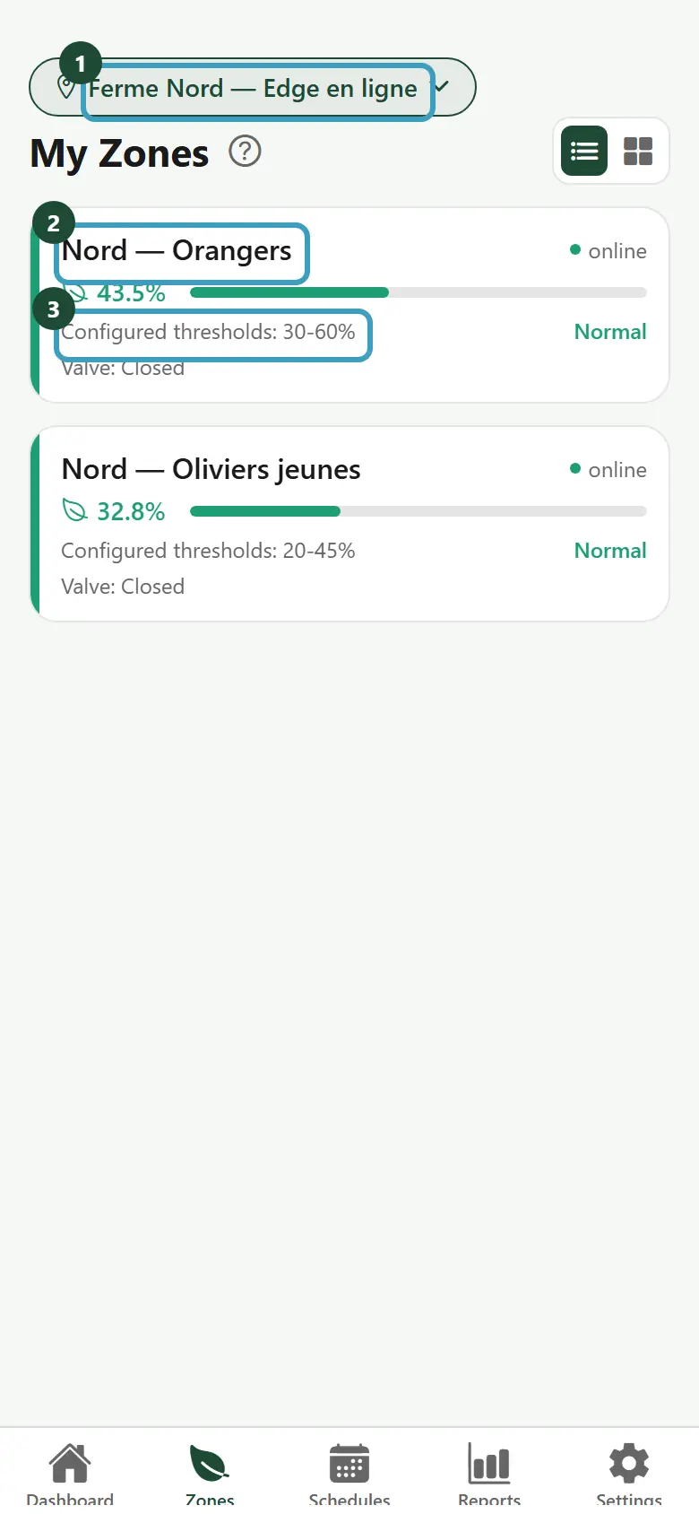 My Zones screen in list view, with one card per zone